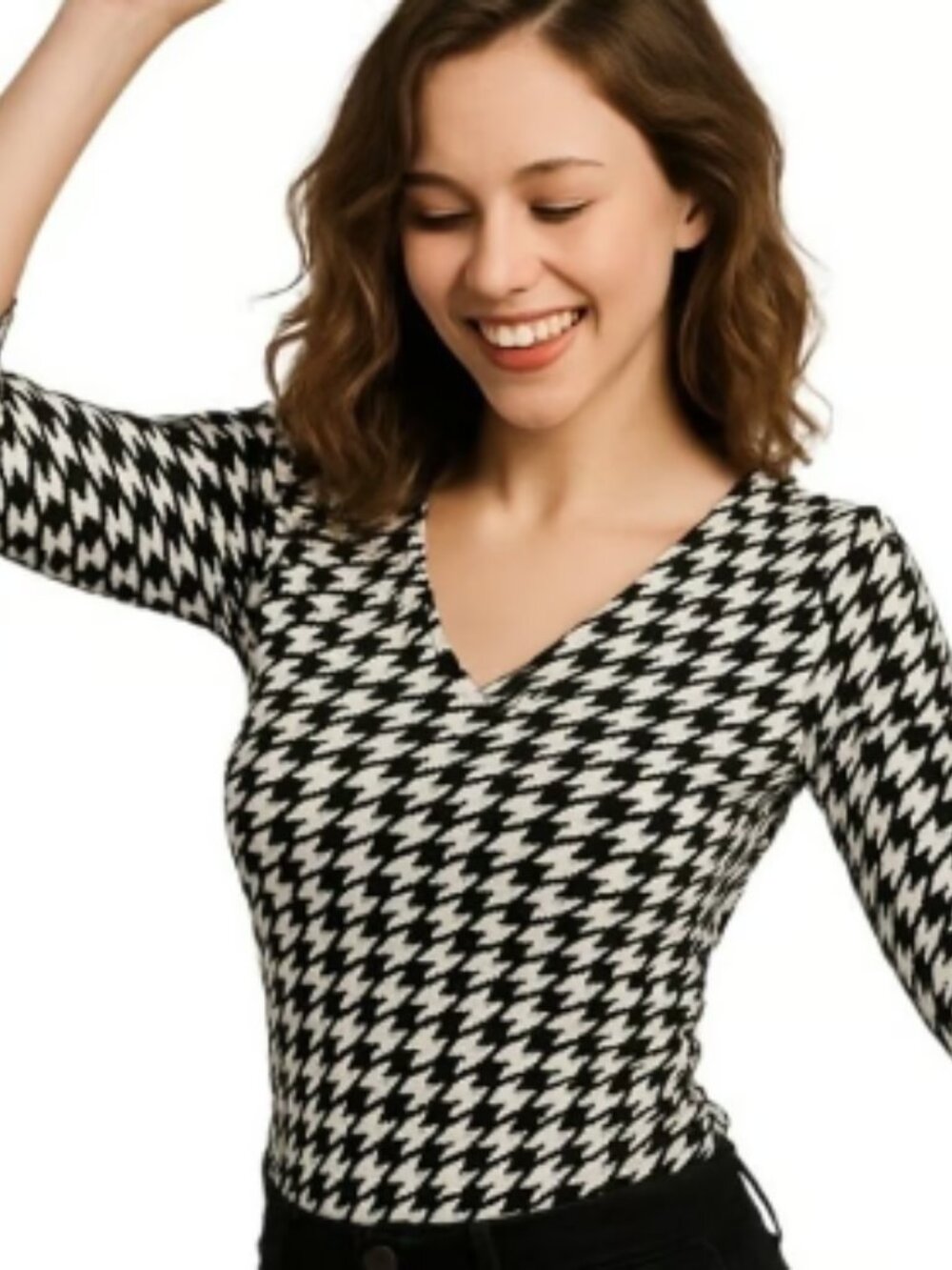 Jones New York Lightweight 3/4 Sleeve Top Black White Houndstooth V-neck Blouse